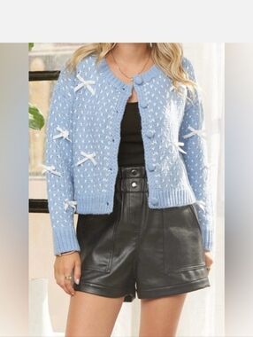 Threaded Leaf Light Blue Bow-Accent Knit Cardigan Sweater